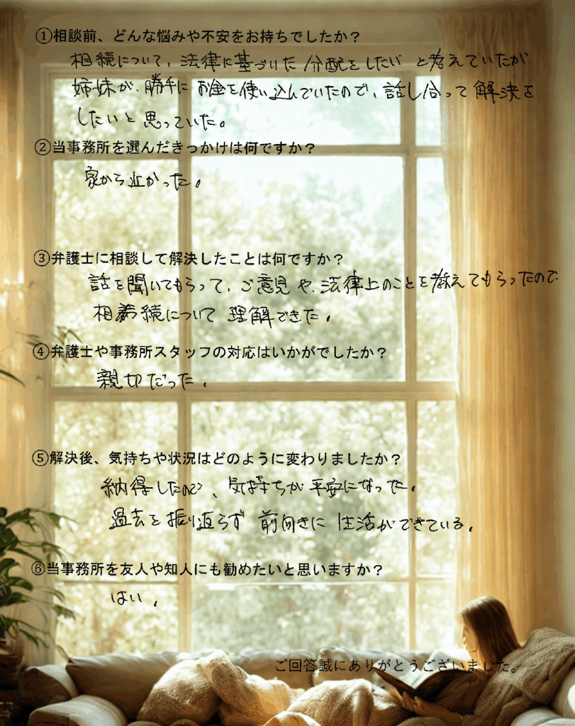 N - 編集済み - 府中市 弁護士法人あさかぜ法律事務所 姉妹による預金使い込みに悩んだ相談者が、法律の専門家に相談し、納得して相続を整理できた体験談。親切な説明を通じて理解が深まり、前向きな気持ちで生活できるようになったことが記されたアンケート(全6問形式)。