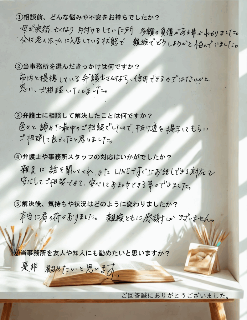 O - 編集済み - 府中市 弁護士法人あさかぜ法律事務所 相続相談をされた方のアンケート結果:突然の負債発覚から、LINEで相談し安心して解決した体験談。相談前の不安、事務所を選んだ理由、解決内容、対応の印象、解決後の心境、勧めたいかどうかなど、6項目の質問と回答を掲載。