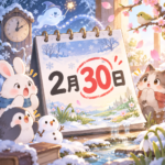 Whimsical winter scene around a desk calendar showing '2月30日' with cuddly animals and snow.