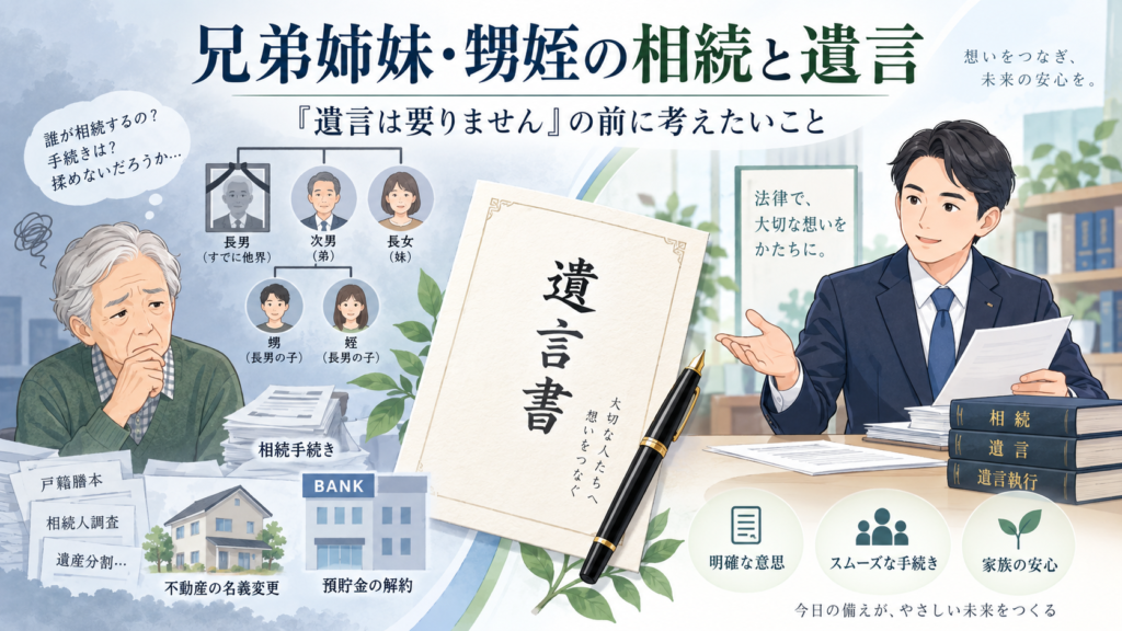 兄弟姉妹相続と遺言の安心ガイド - 府中市 弁護士法人あさかぜ法律事務所 兄弟姉妹・甥姪が相続人になる場合の遺言と相続手続きを解説するイメージ